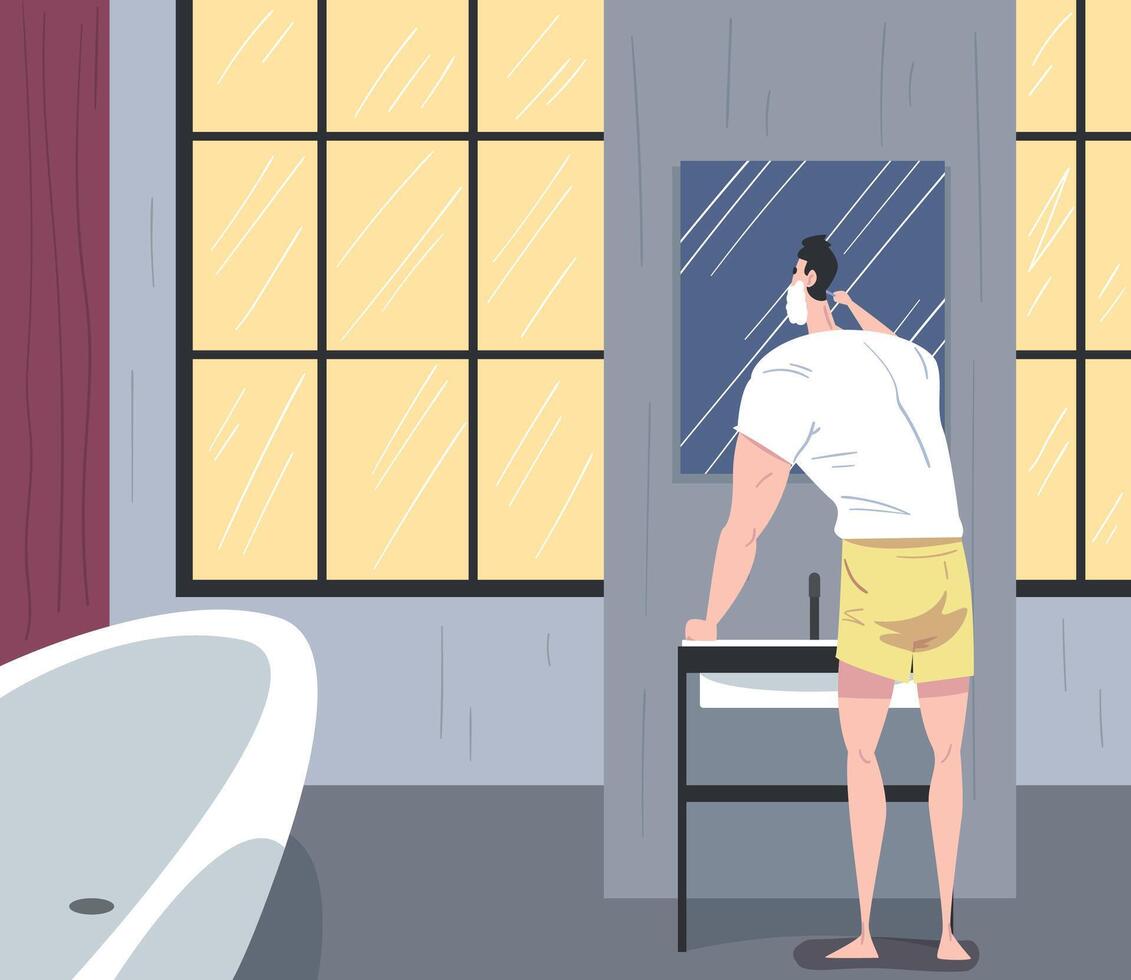 Man Shaving in front of Toilet Mirror, Daily Routine, Hygiene Procedures in Bathroom Cartoon Illustration vector