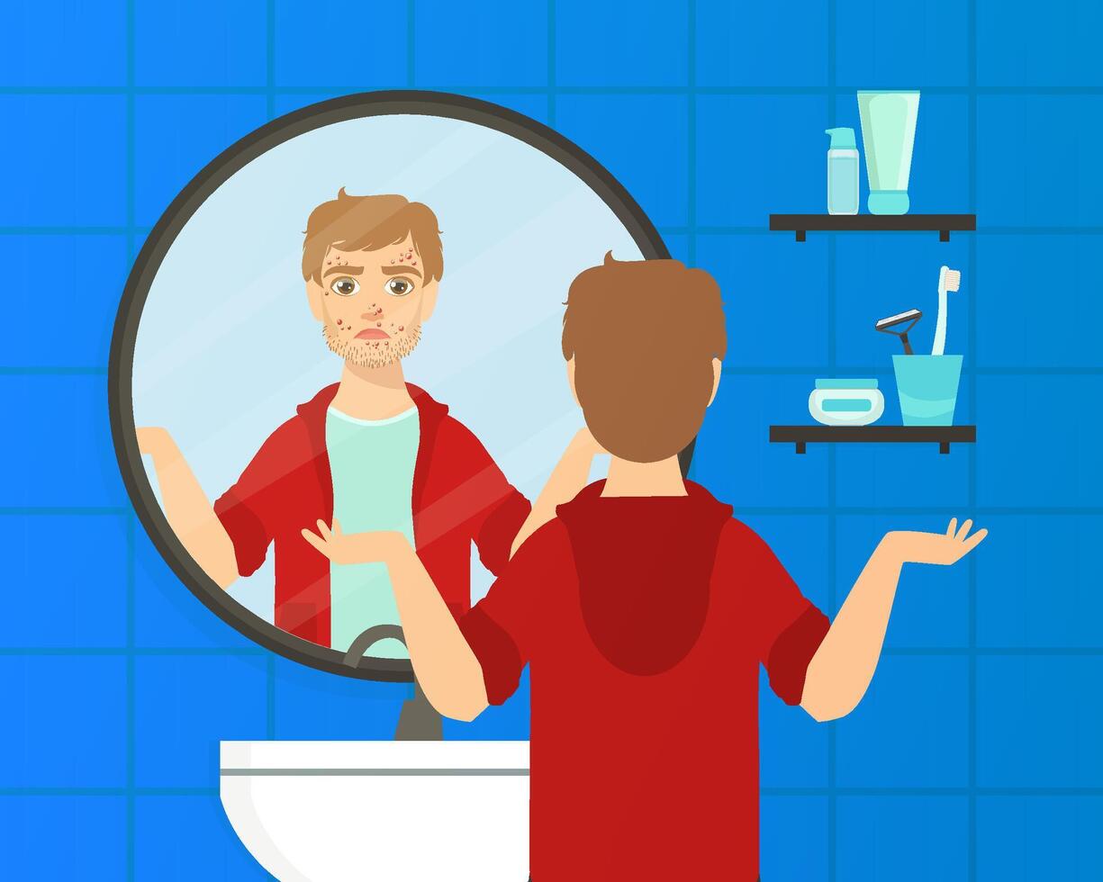 Guy with Skin Problems Looking at Himself into Mirror in Bathroom Illustration vector