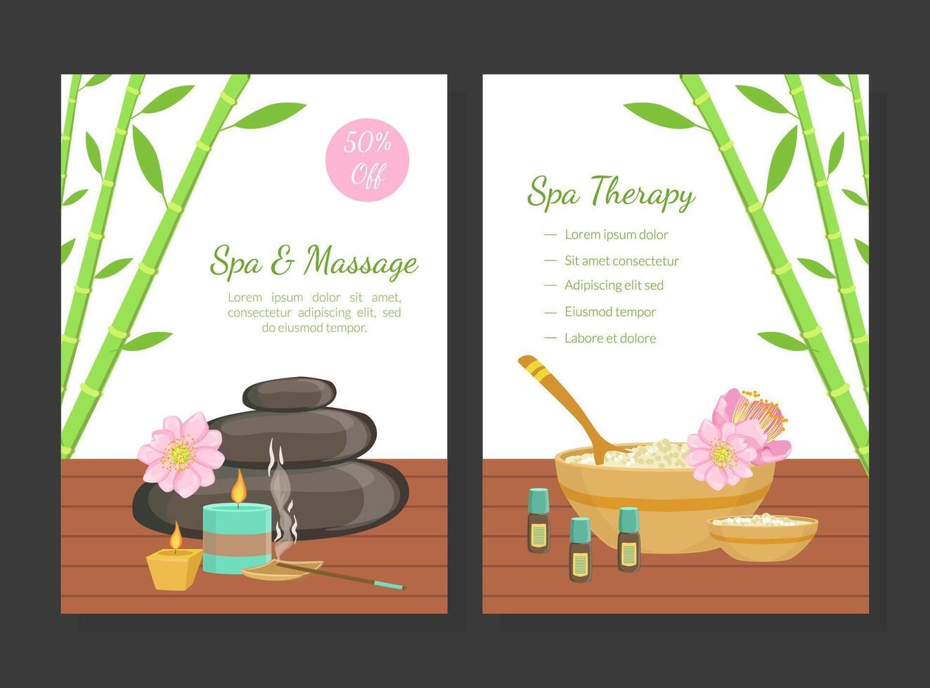 Spa and Massage, Spa Therapy Card Templates Set, Beauty Salon, Wellness Center, Relaxing Procedures, Skincare Treatment Promotional Leaflet, Flyer, Voucher, Invitation Card Illustration vector