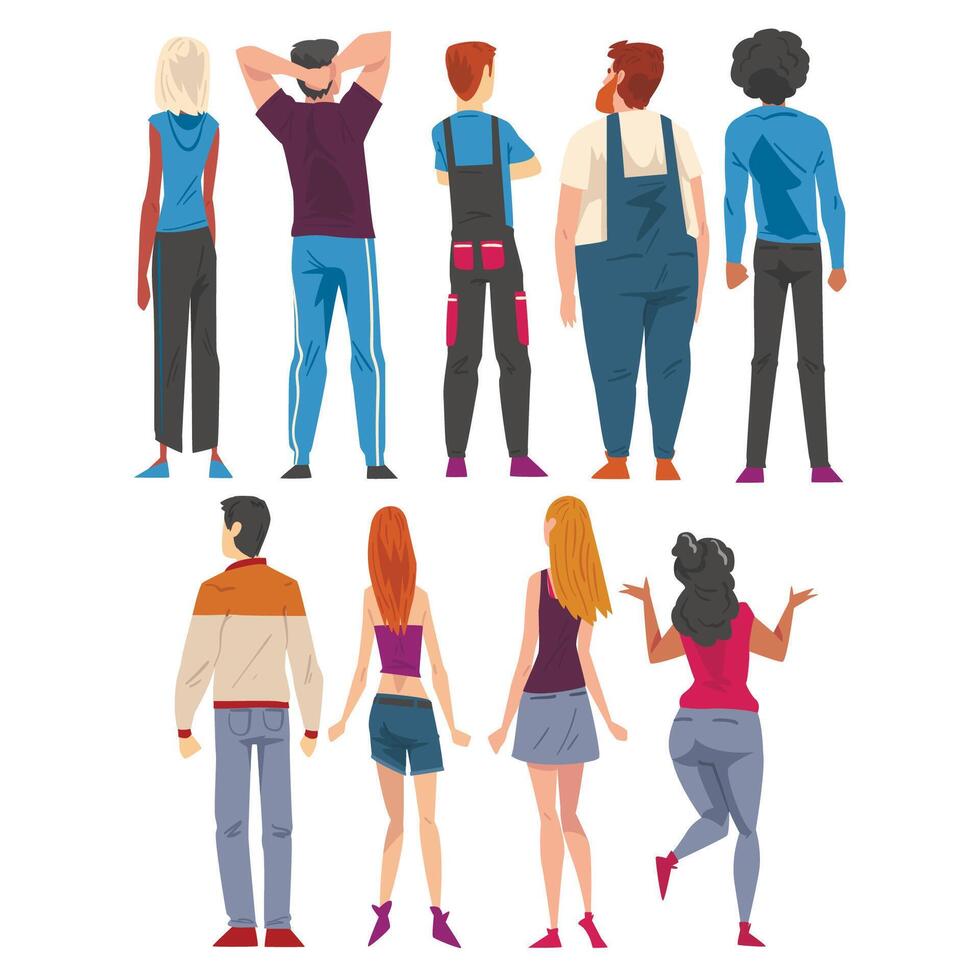 Back View of Young People Set, Guys and Girls Viewed from Behind Wearing Casual Clothes and Looking at Something Cartoon Style Illustration vector