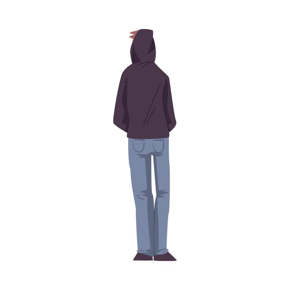 Back View of Guy in Hood, Teenage Boy Viewed from Behind Wearing Casual Clothes Standing with Hands in his Pockets Cartoon Style Illustration vector
