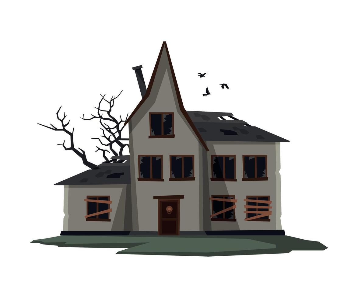 Scary House with Boarded Up Windows and Birds Flying Around, Halloween Haunted Cottage Illustration vector