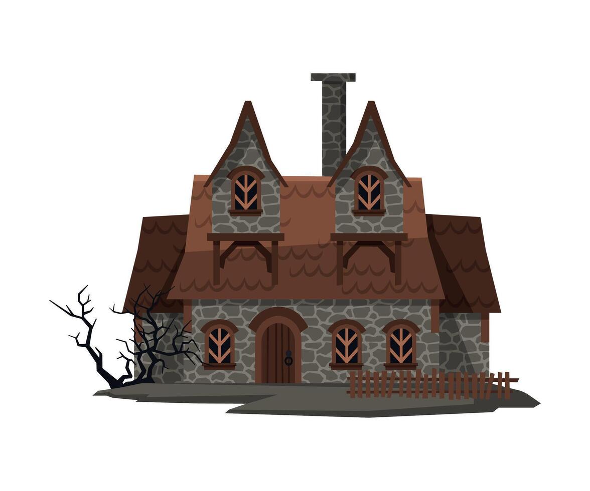 Scary Abandoned House, Halloween Haunted Cottage with Boarded Up Windows Illustration on White Background vector