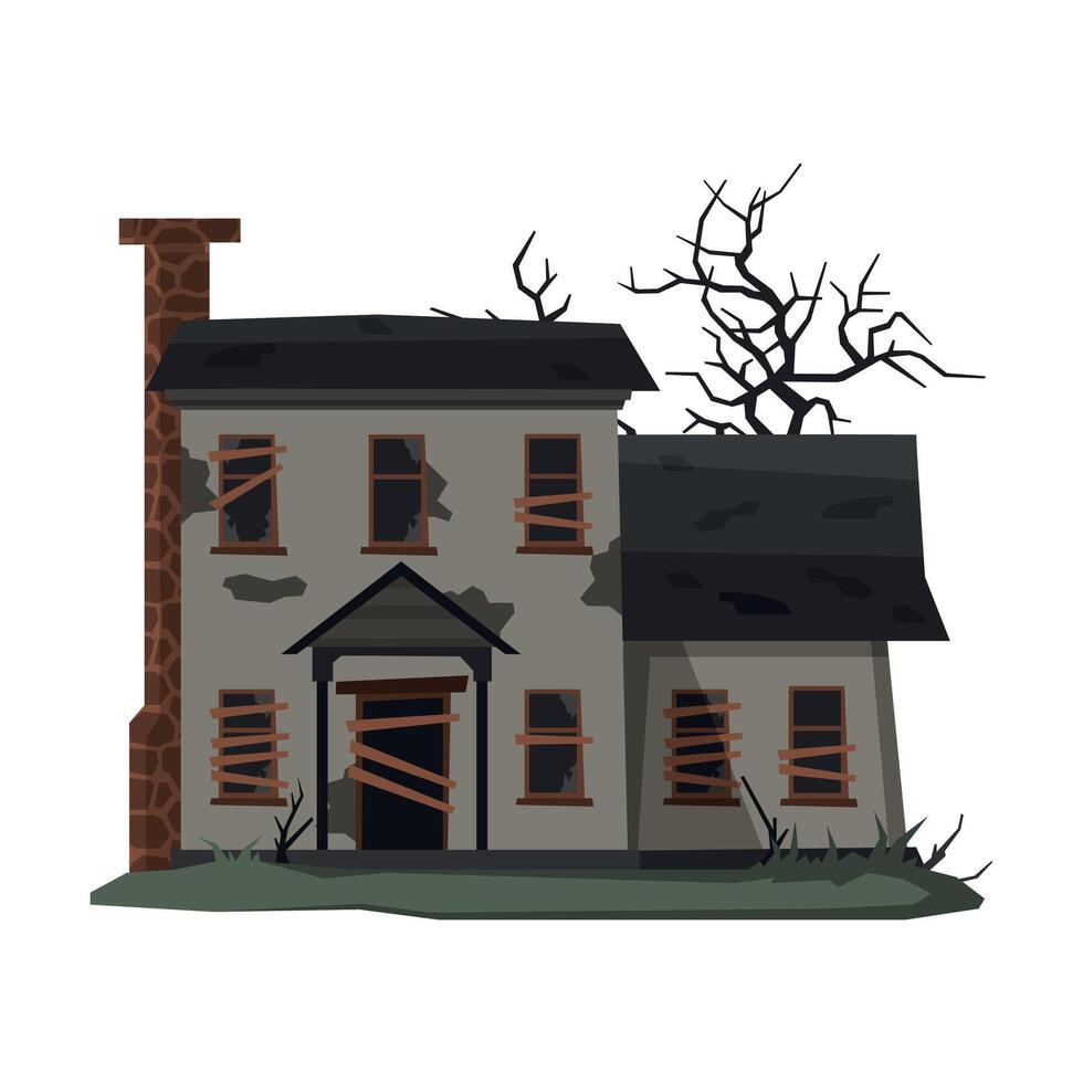Scary Mansion, Abandoned Two Storey House Building with Boarded Up Windows and Creepy Trees Illustration on White Background vector
