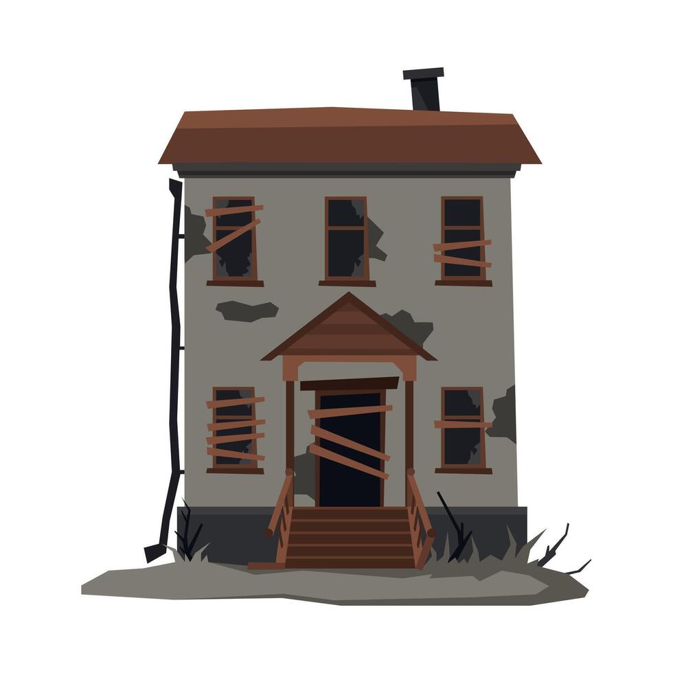 Scary House, Abandoned Two Storey Building with Boarded Up Windows Illustration on White Background vector