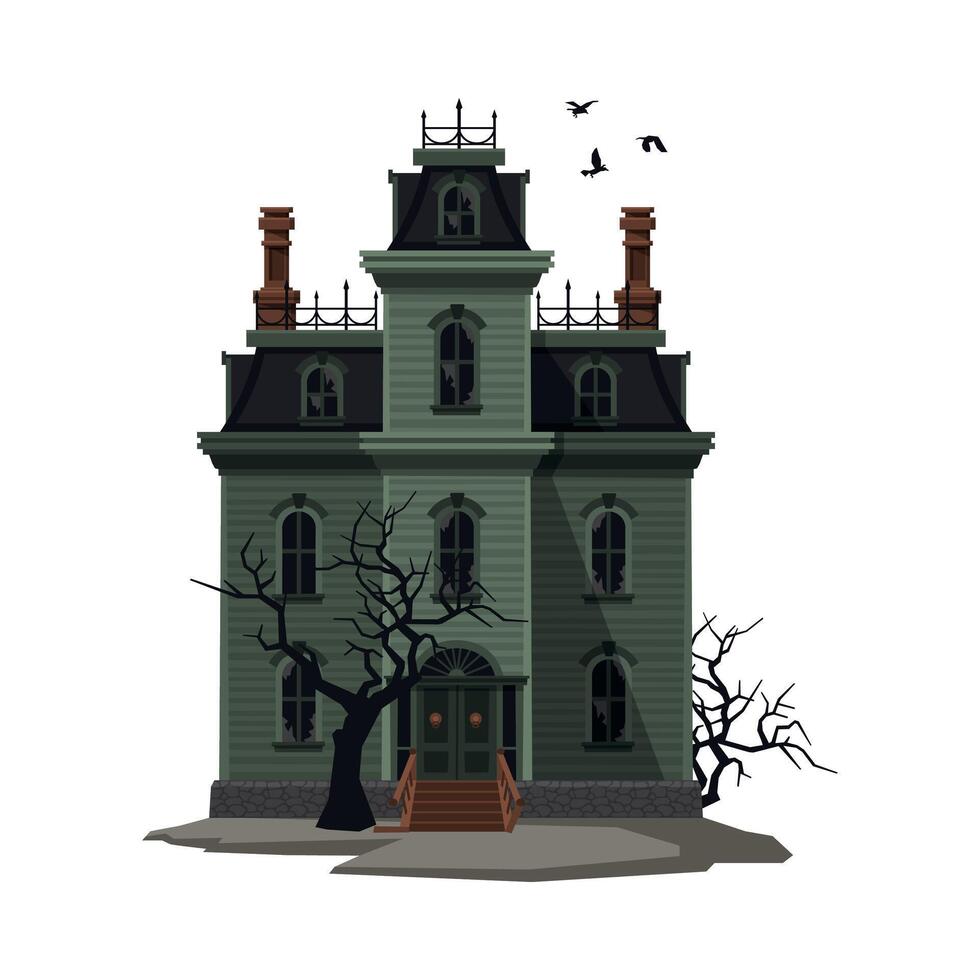 Scary Gothic House, Halloween Haunted Mansion with Birds Flying Around Illustration on White Background vector