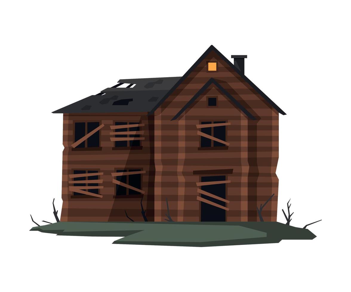 Scary Abandoned Wooden House with Boarded Up Windows, Halloween Haunted Ancient Mansion Illustration on White Background vector