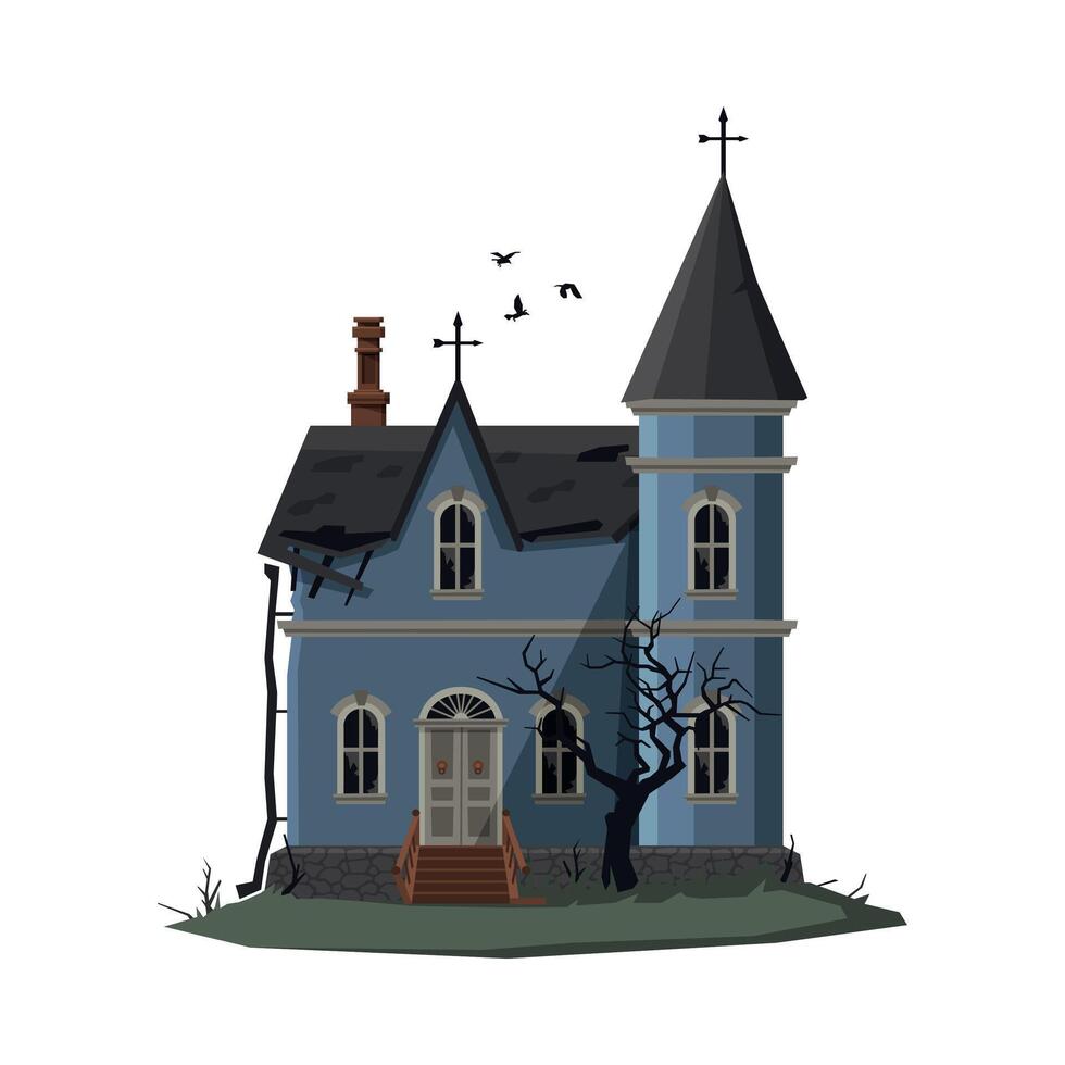 Scary Church Building, Halloween Haunted House with Crosses on Top of Roof Illustration on White Background vector