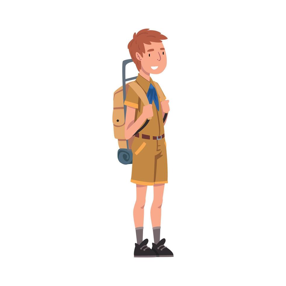 Scout Boy Standing with Backpack, Scouting Kid Character Wearing Uniform and Neckerchief, Summer Camp Activities Illustration vector