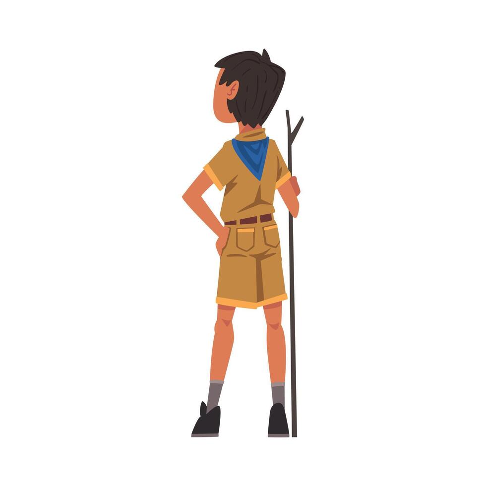 Back View of Scout Boy with Wooden Stick, Scouting Kid Character Wearing Uniform and Blue Neckerchief, Summer Camp Activities Illustration vector