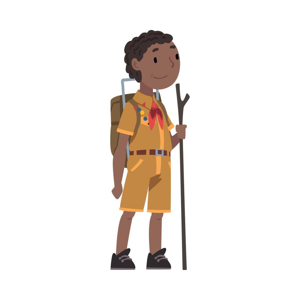 Scout Boy with Backpack and Wooden Stick, Scouting Kid Character Wearing Uniform and Neckerchief, Summer Camp Activities Illustration vector