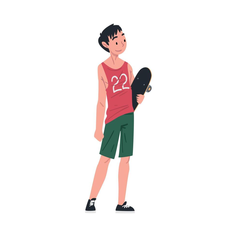 Teenage Boy Standing with Skateboard, Boy Skater Character Cartoon Style Illustration vector