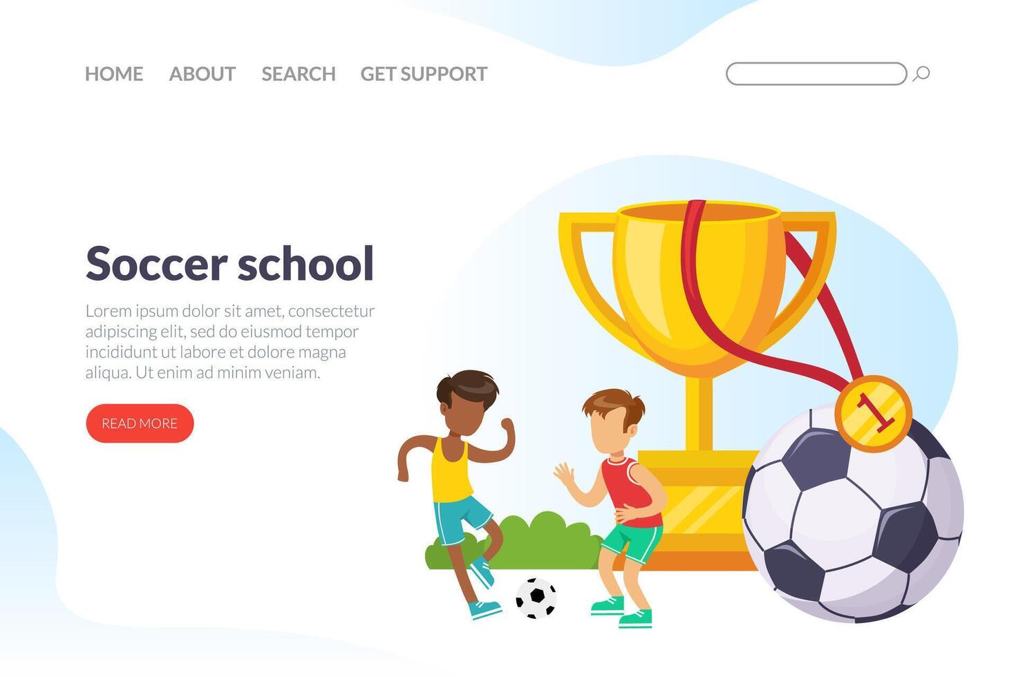 Soccer School Landing Page Template, School Children Sports Activity, Football Academy, Junior Tournament Website Cartoon Illustration vector