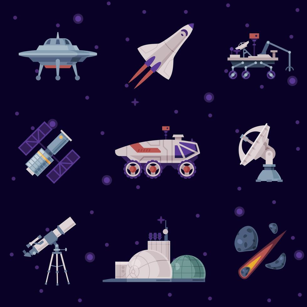 Space Objects Set, Cosmos Exploration, Space Industry Concept, Rocket, Rover, Artificial Satellite, Observatory, Illustration vector