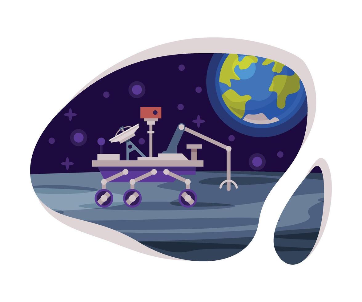Space Rover on Moon Surface Scene, Robotic Autonomous Vehicle, Space Industry Exploration Concept Themed Illustration Background vector