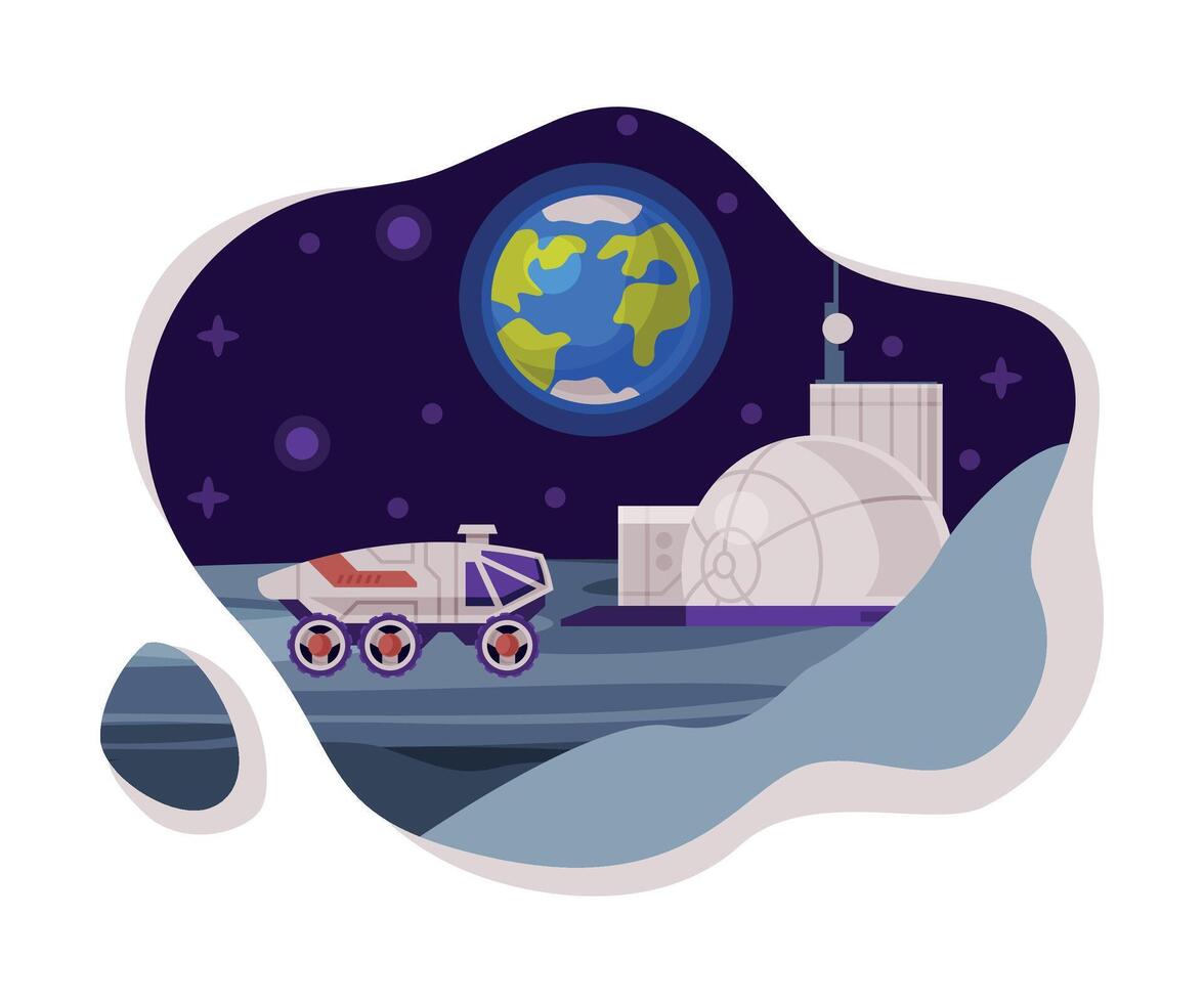 Colonization of Planet Scene, Space Rover and Science Station, Cosmos Industry Exploration Concept Themed Illustration Background vector