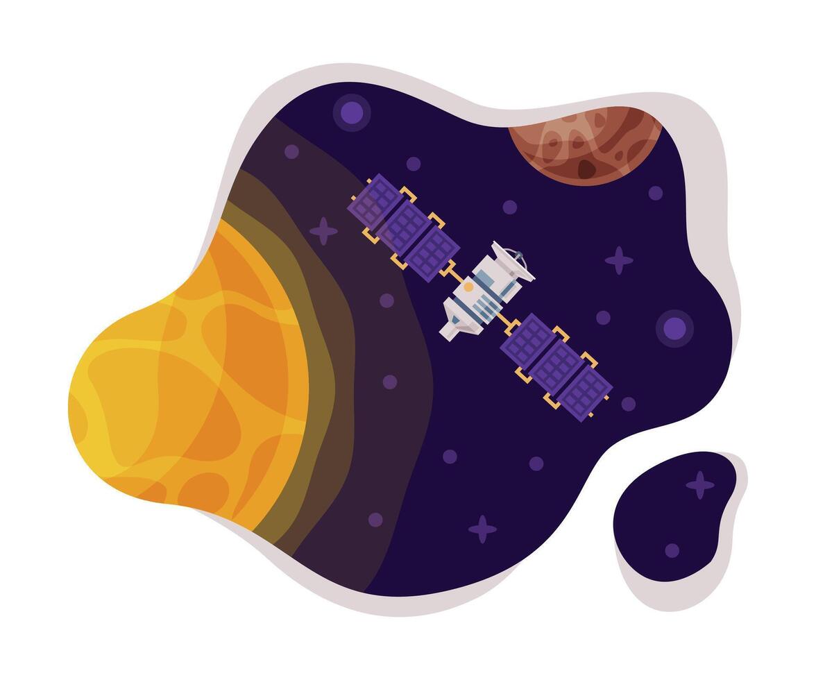 Artificial Space Satellite and Sun Scene, Space Industry Exploration Concept Themed Illustration Background vector