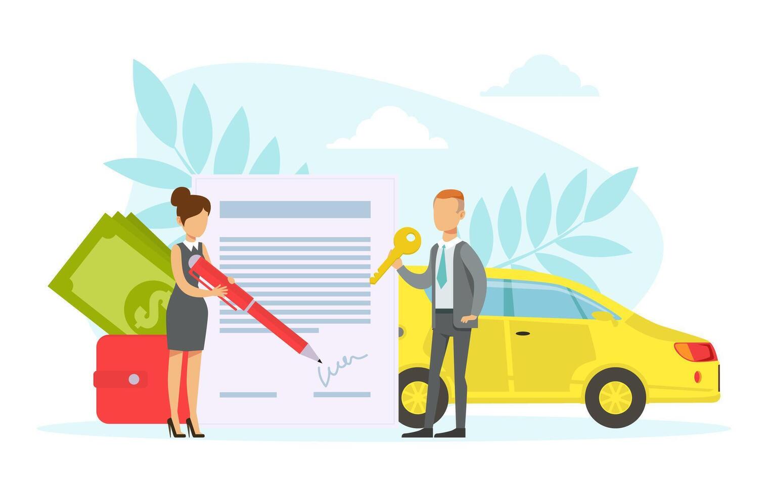 Tiny Car Salesman Giving New Car Key to Woman, Customer Signing Auto Insurance Document Flat Illustration vector