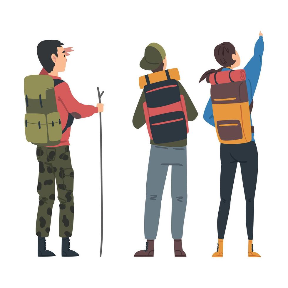 Friends Hiking on Nature, Back View of Travelers with Backpacks Looking into the Distance, Summer Vacation Adventures Cartoon Style Illustration vector