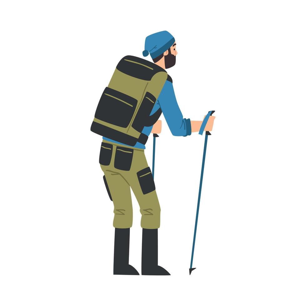 Male Tourist Character Hiking on Nature, Back View of Man with Backpack and Trekking Sticks, Summer Adventure Trip Cartoon Style Illustration vector