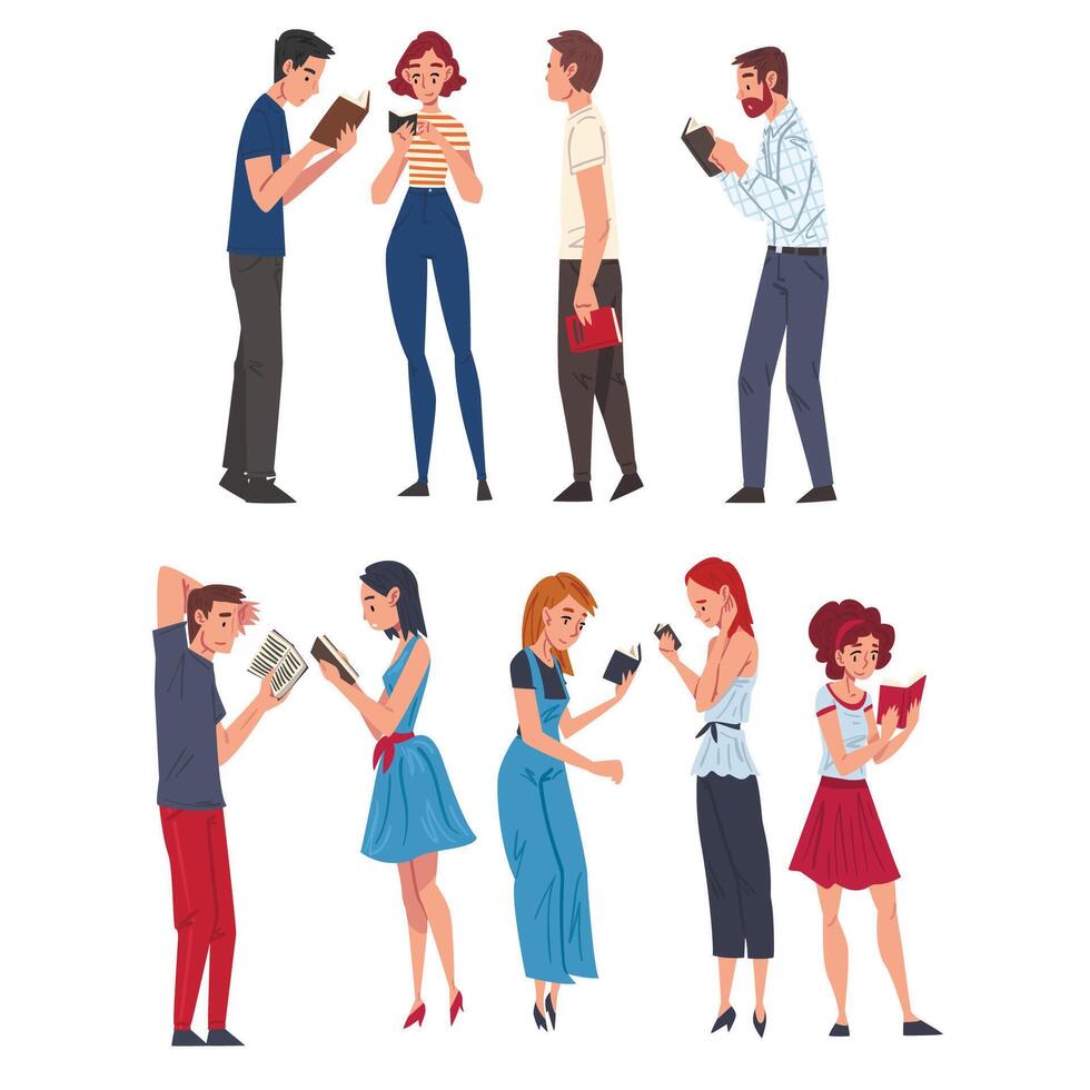 People Reading Books while Standing Set, Students Characters Studying or Preparing for Exam, Book Lovers, Literature Fans Cartoon Style Illustration vector