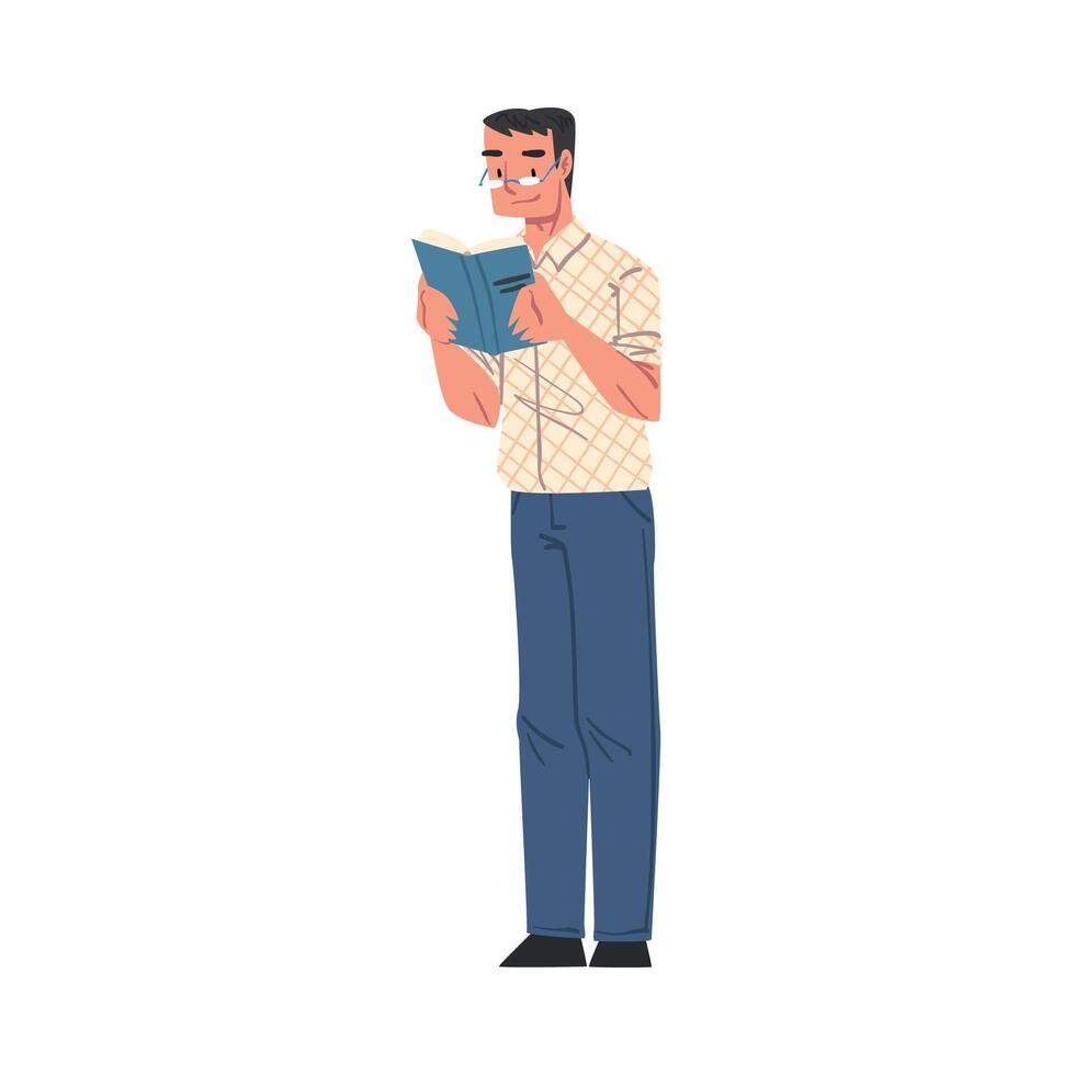 Young Man in Glasses Reading Book while Standing, Male Student Character Studying or Preparing for Exam, Book Lover, Literature Fan Cartoon Style Illustration vector