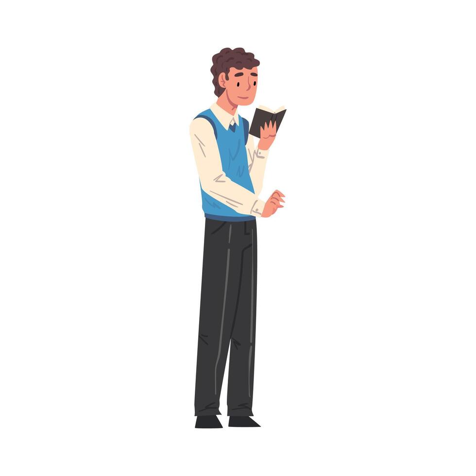 Guy Standing and Reading Book, Male Student Character Studying or Preparing for Exam, Bookworm, Literature Fan Cartoon Style Illustration vector