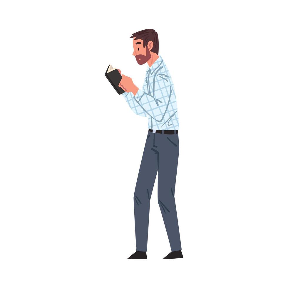 Guy Reading Book while Walking, Young Man Student Character Studying or Preparing for Exam, Book Lover, Literature Fan Cartoon Style Illustration vector