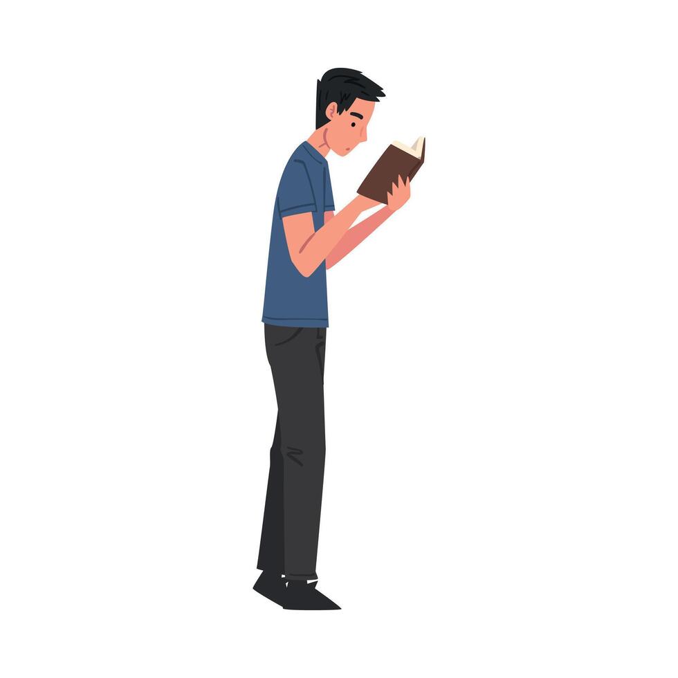 Side View of Young Man Reading Book while Standing, Male Student Character Studying or Preparing for Exam, Book Lover, Literature Fan Cartoon Style Illustration vector