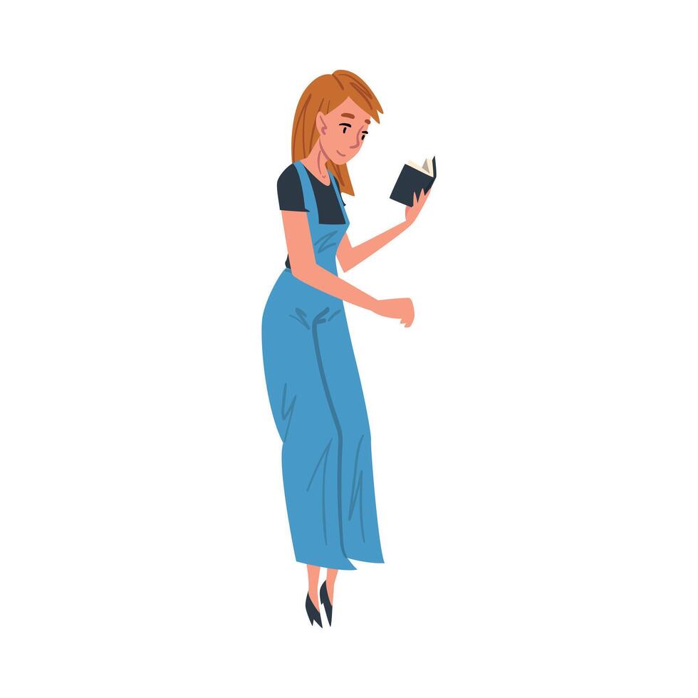 Beautiful Girl Standing and Reading Book, Female Student Character Studying or Preparing for Exam, Book Lover, Reader Cartoon Style Illustration vector