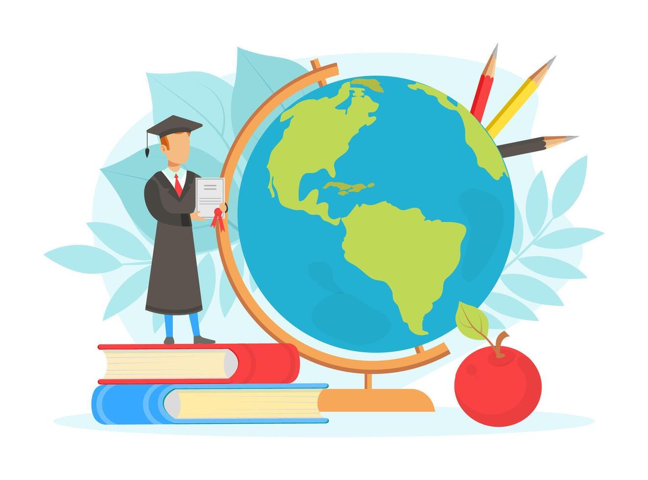Graduate Student Standing on Pile of Books next to Earth Globe, International Student, Global Education Concept Flat Illustration vector
