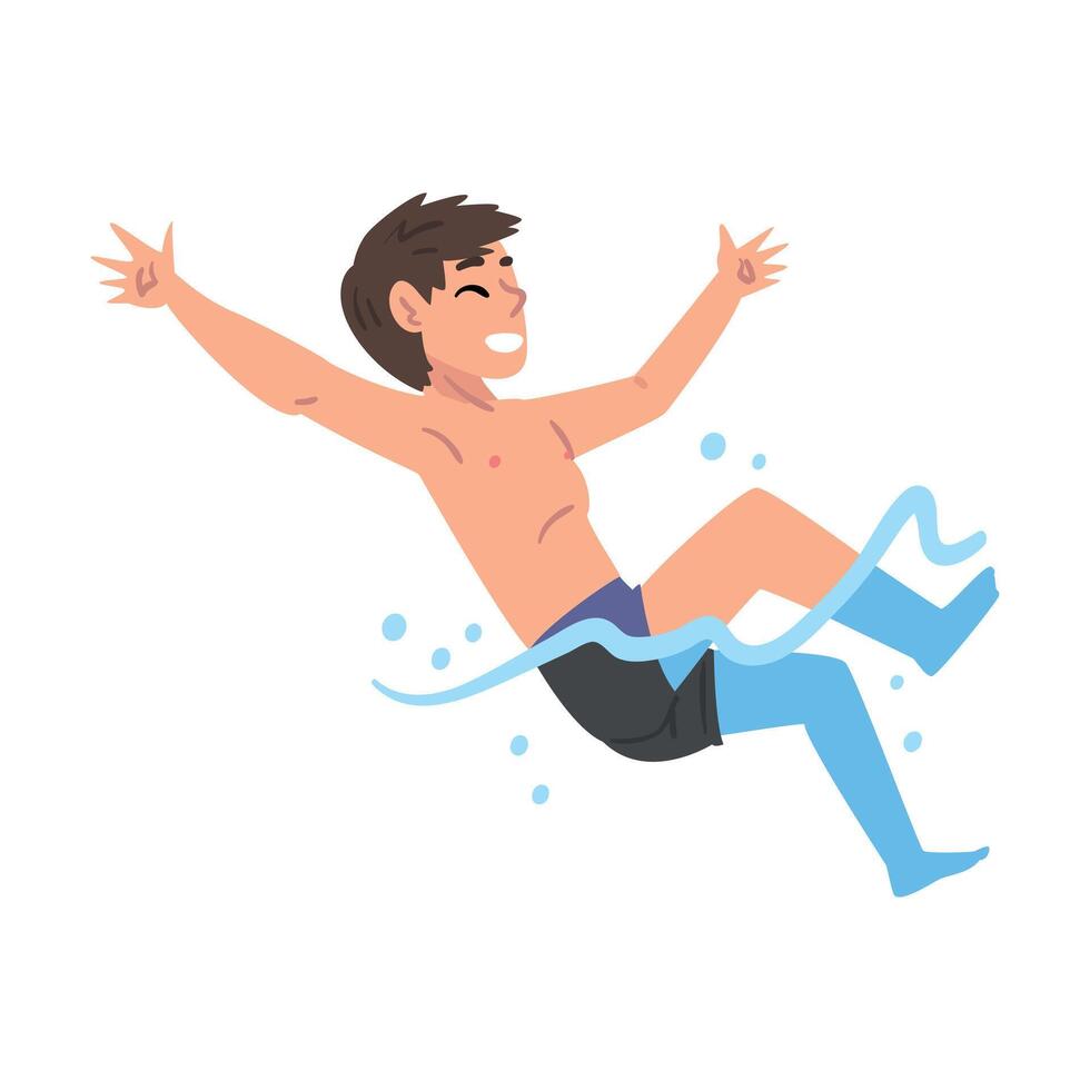Boy Jumping in Swimming Pool, Person in Swimwear Performing Water Activities, Water Swim Sport Cartoon Style Illustration vector