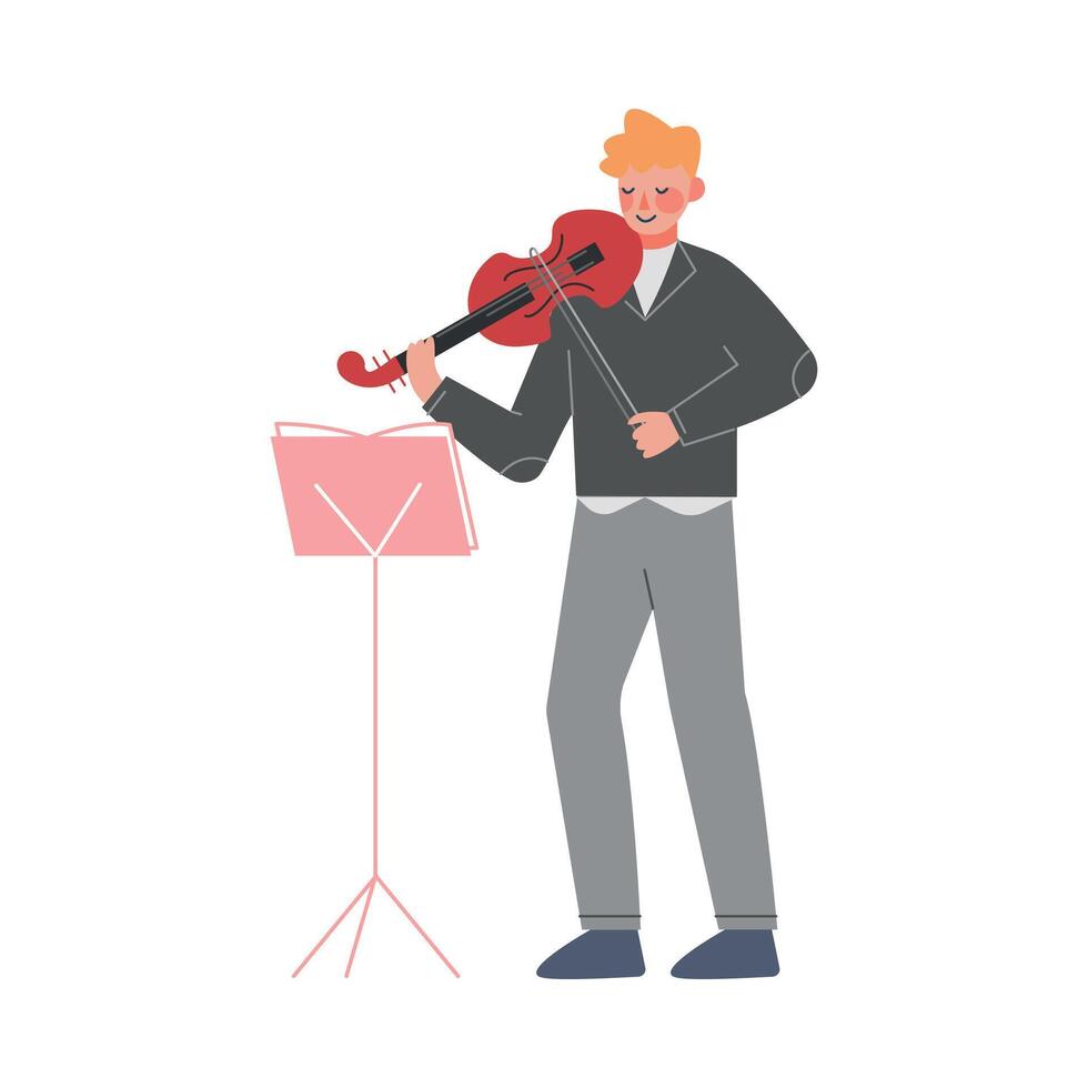 Man Musician Playing Violin, Classical Music Performer Character with Musical Instrument Flat Style Illustration vector