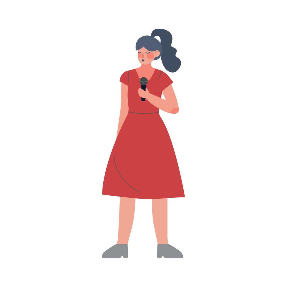 Woman Singer, Beautiful Young Woman in Red Dress Performing on Stage with Microphone Flat Style Illustration vector