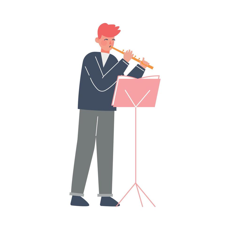 Man Musician Playing Flute, Classical Music Performer Character with Musical Instrument Flat Style Illustration vector