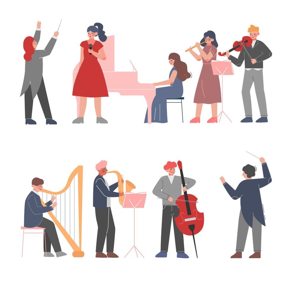 Musician Characters Playing Musical Instruments Set, Playing Violin, Classical Instrumental Symphony Orchestra Performers Flat Style Illustration vector