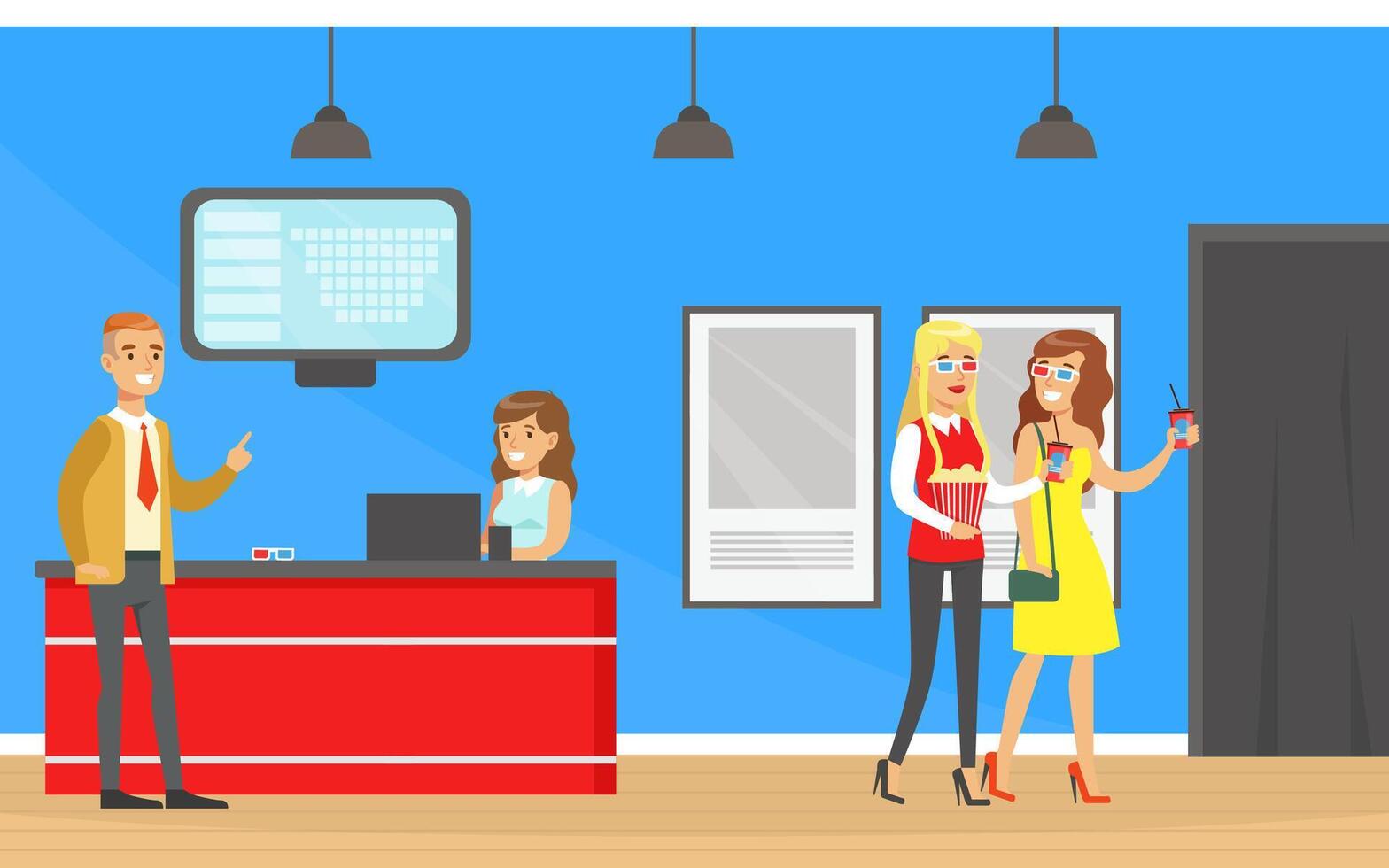 People Going to the Cinema, Visitors Buying Cinema Tickets at Service Ticket Counter Cartoon Illustration vector