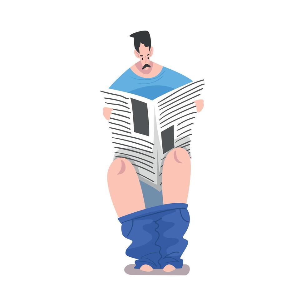 Man Sitting on Toilet Bowl and Reading Newspaper, Daily Routine Hygienic Procedure Cartoon Style Illustration vector