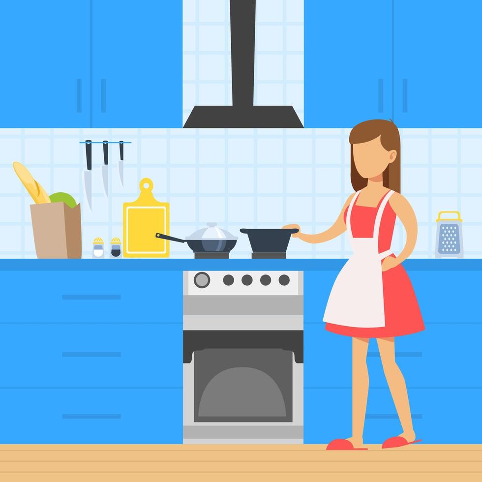 Young Woman Cooking in the Kitchen, Housekeeping Concept Flat Illustration vector