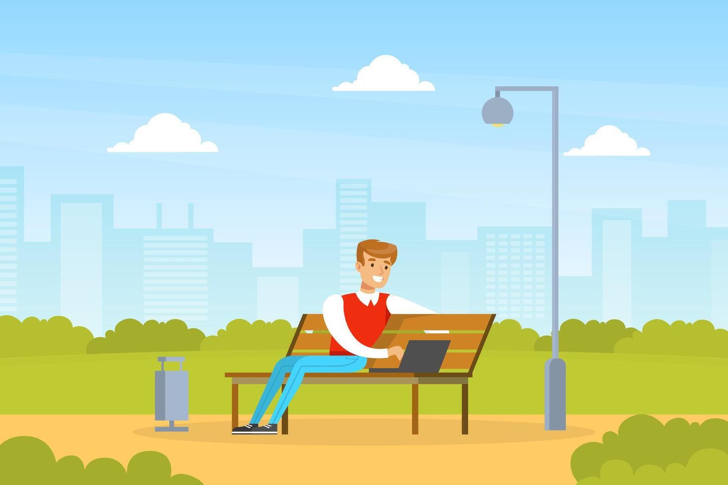 Young Man Using Laptop Computer while Sitting on Bench in Park Outdoors, Freelance, E-learning Concept Flat Illustration vector