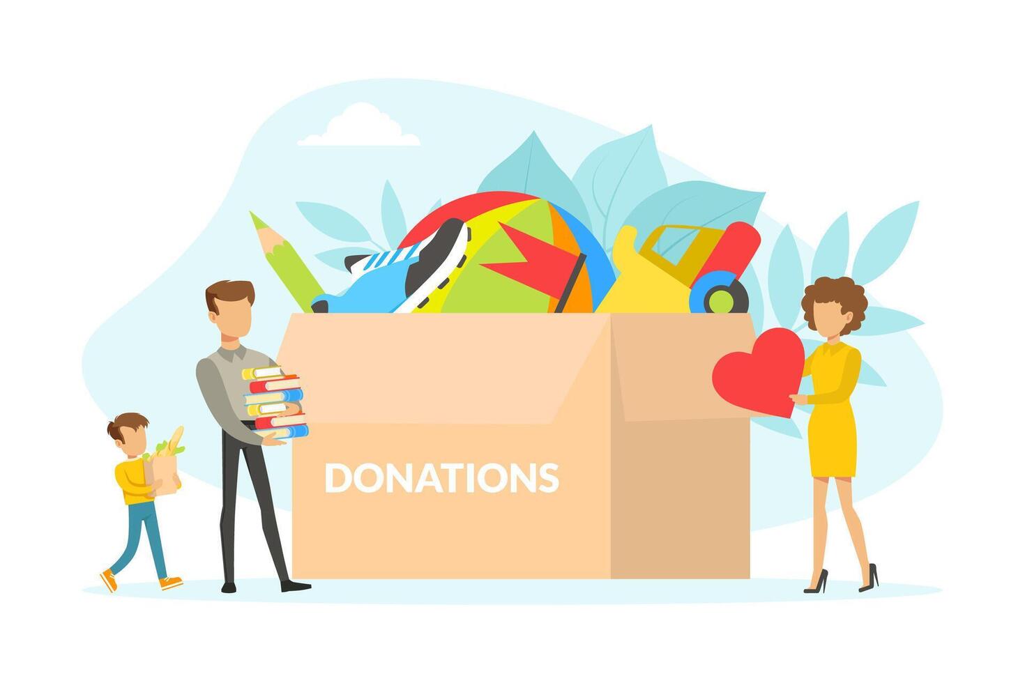 Tiny People Filling Huge Cardboard Box with Food, Clothes, Books and Toys, Social support and Donation, Volunteering and Charity Concept Flat Illustration vector