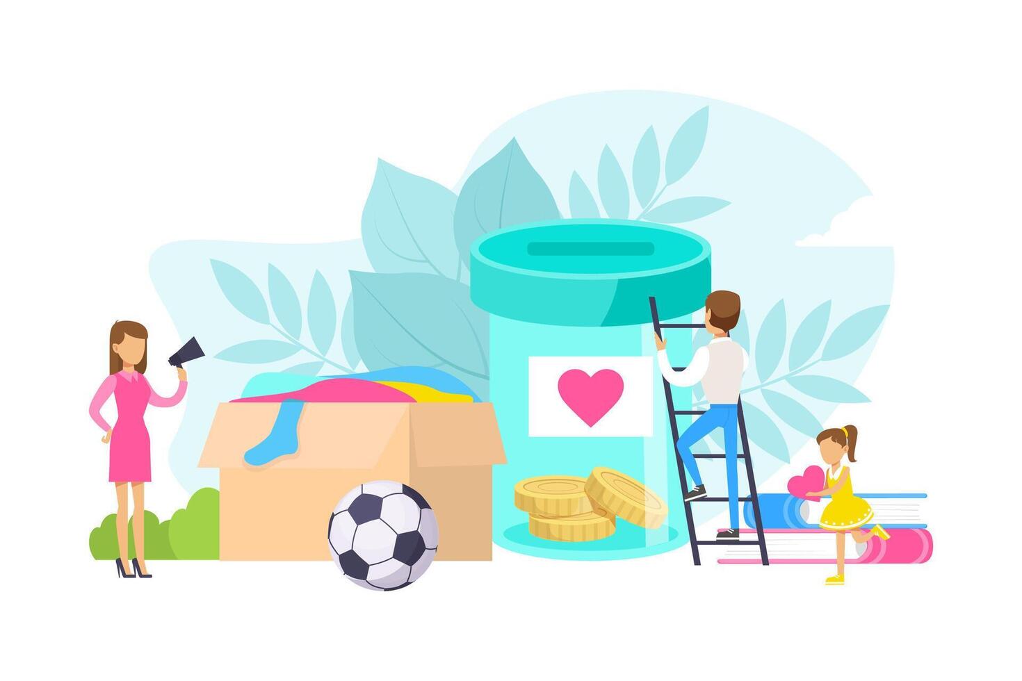Tiny People Filling Huge Donation Boxes with Money and Clothes, Volunteering and Charity Concept Flat Illustration vector