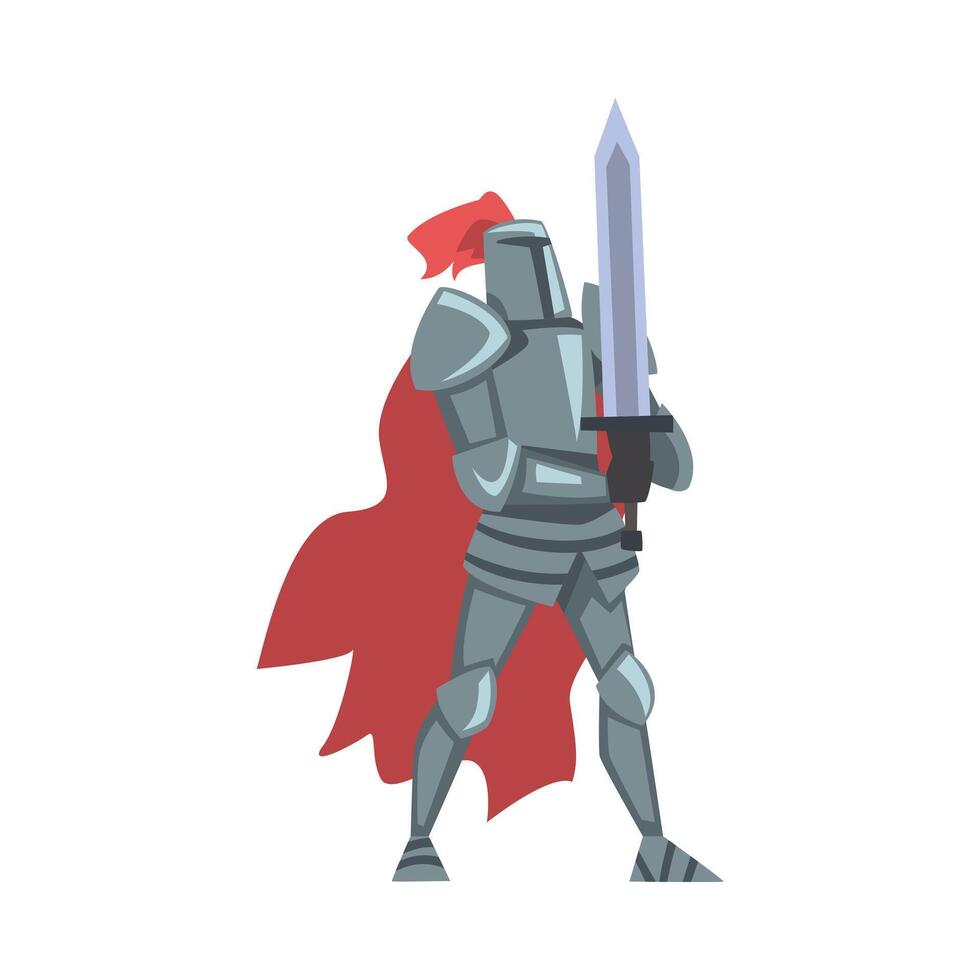 Medieval Knight, Brave Chivalry Warrior Character in Full Heavy Body Armor with Sword Cartoon Style Illustration vector