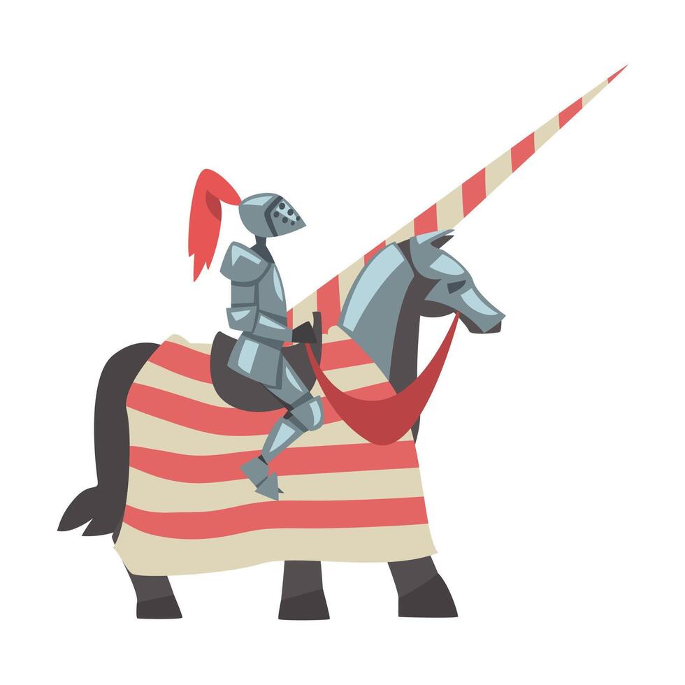 Medieval Knight on Horseback with Spear, Chivalry Warrior Character in Full Metal Body Armor with Shield and Sword Cartoon Style Illustration vector