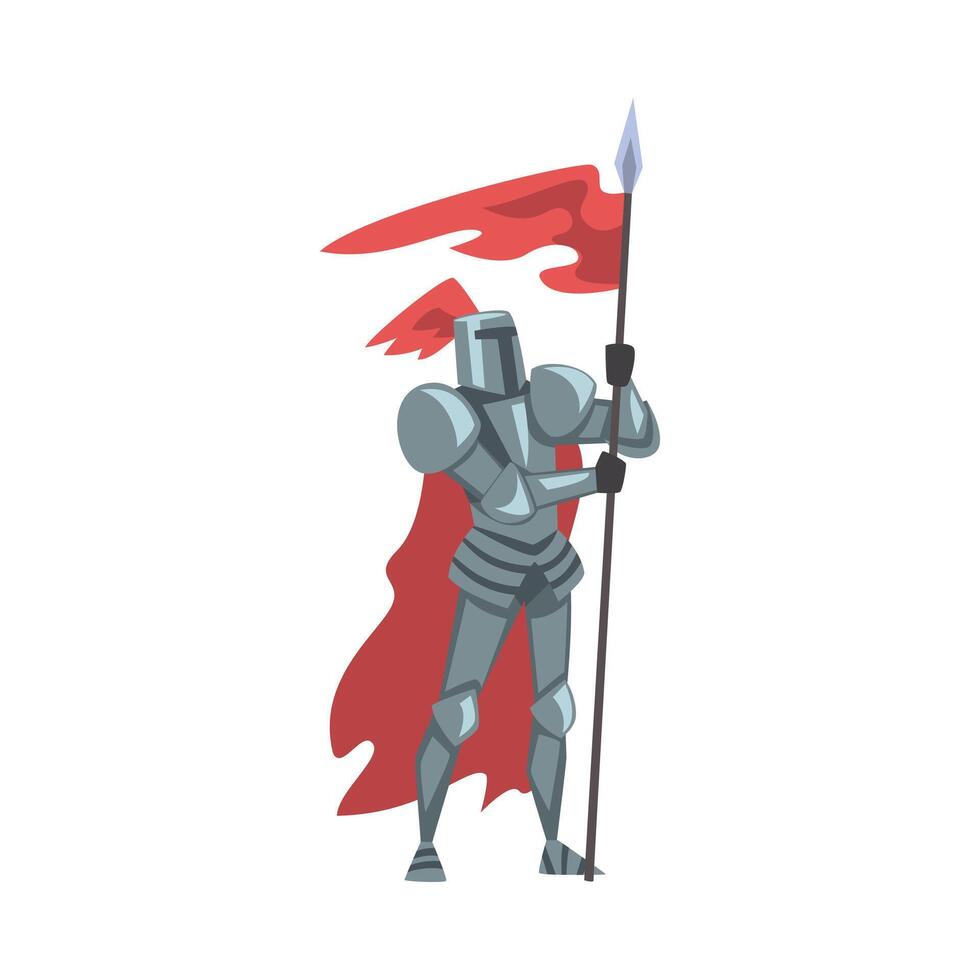 Medieval Knight with Red Flag, Chivalry Warrior Character in Full Heavy Body Armor Cartoon Style Illustration vector