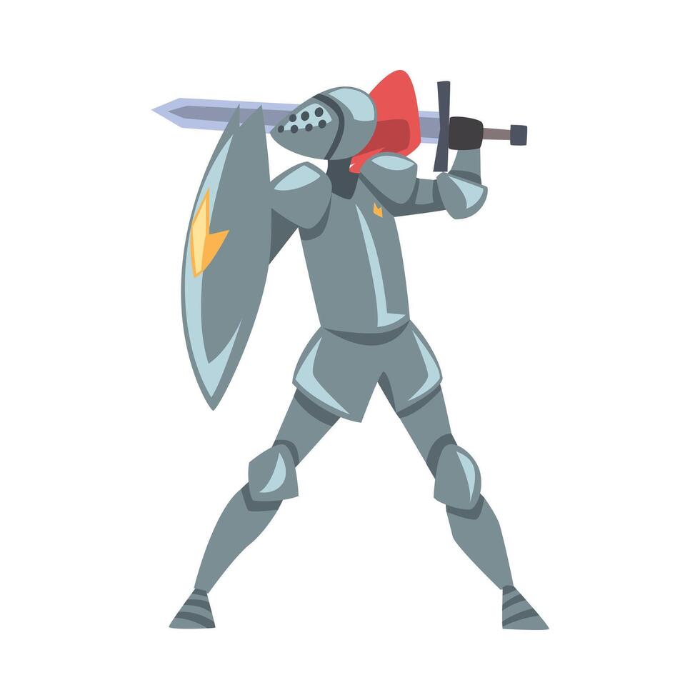 Medieval Knight Fighting with Shield and Sword, Chivalry Warrior Character in Full Metal Body Armor Cartoon Style Illustration vector