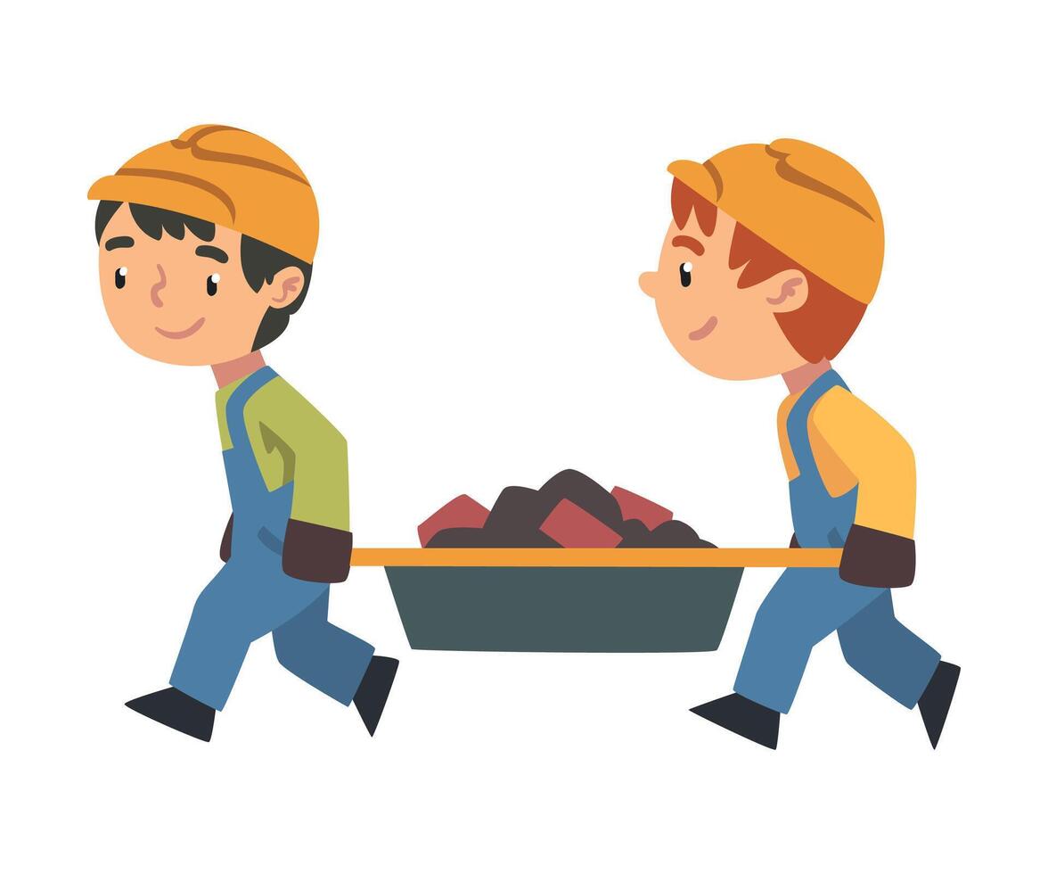 Two Boy Construction Workers arrying Construction Waste Together, Cute Little Builder Character Wearing Blue Overalls and Hard Hats Cartoon Style Illustration vector