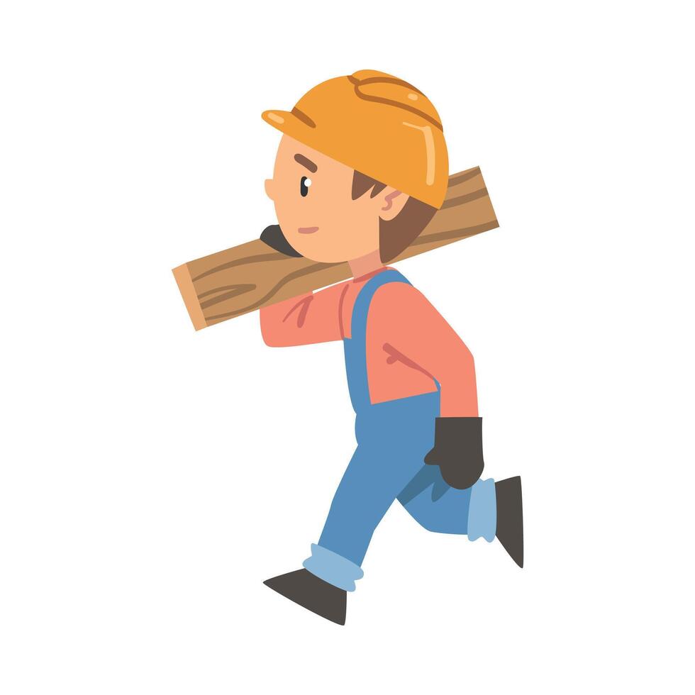 Boy Construction Worker Carrying Plank, Little Builder Character Wearing Blue Overalls and Hard Hat Cartoon Style Illustration vector