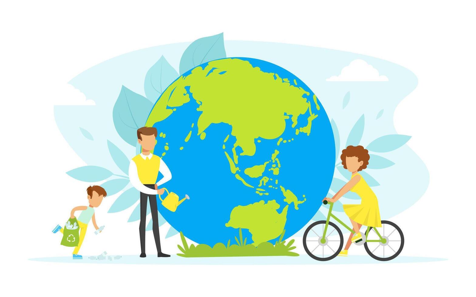 People Taking Care about Planet Ecology, Tiny Characters Cleaning, Watering and Using Eco Friendly Transport, Ecology and Environment Protection Concept Flat Illustration. vector
