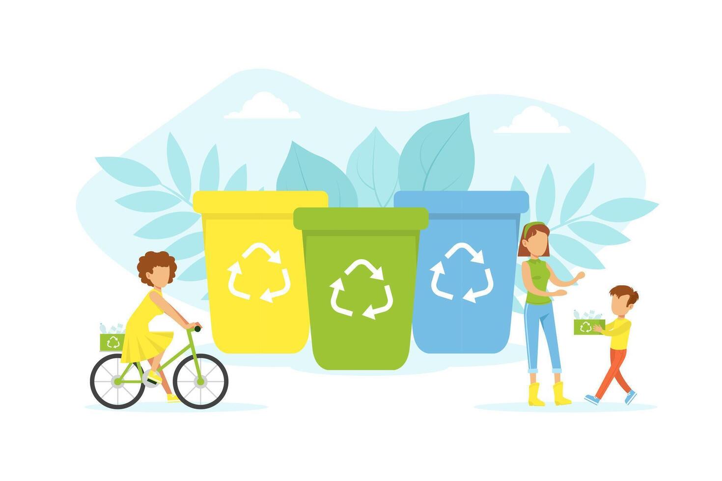 People Taking Care about Planet Ecology, Tiny Characters Putting Rubbish into Trash Bins, Ecology and Environment Protection Concept Flat Illustration vector